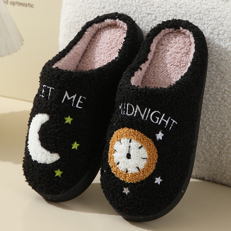 Women's Moon & Clock Print Plush Slippers | Warm Anti-Slip Floor Bedroom House Shoes