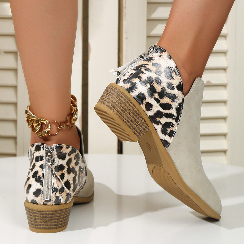 Women's Leopard Print Chunky Heel Boots | Pointed Toe Back Zipper Suede
