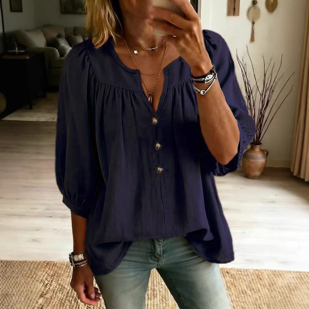 Women's Linen Three-Quarter Sleeve Buttoned T-Shirt – Loose Fit, Casual Chic