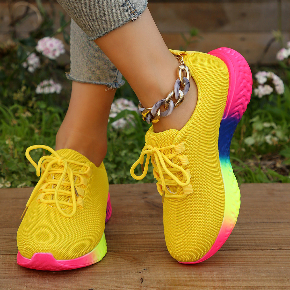 Women's Lace-Up Mesh Sneakers | Rainbow Sole Breathable Running Shoes