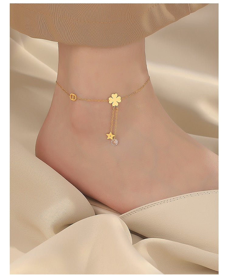 18k gold tassel star four-leaf clover anklet