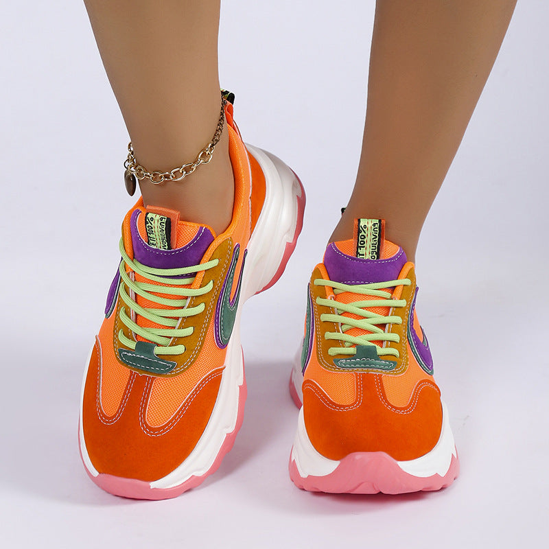 Women's Mixed-Color Lace-Up Sneakers | Mesh Breathable Lightweight Platform Running Shoes