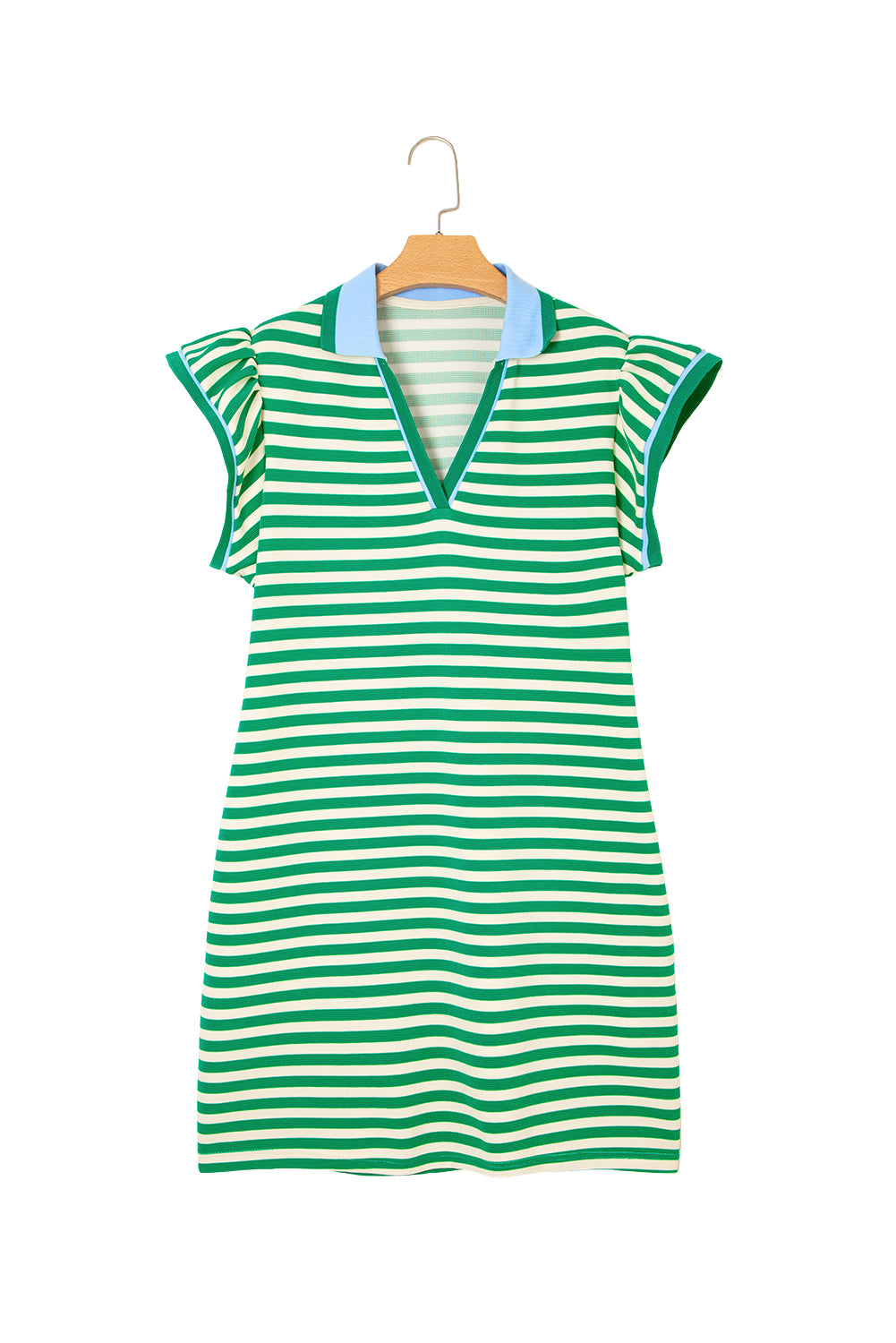 Green Stripe Print Contrast Collar Split Neck Flutter Sleeve Short Dress