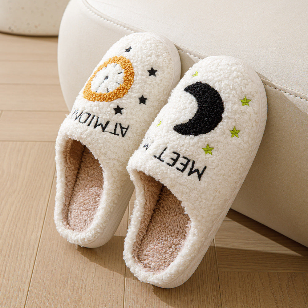 Women's Moon & Clock Print Plush Slippers | Warm Anti-Slip Floor Bedroom House Shoes
