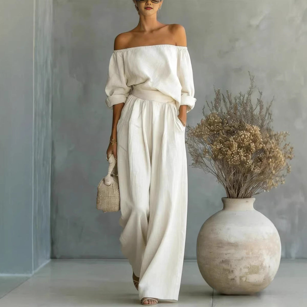 Casual Two-Piece Womens Outfit Off-Shoulder Top And Wide-Leg Pants Set (see size chart under more details)
