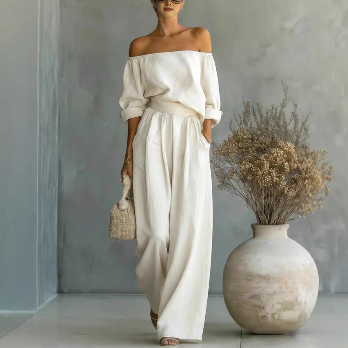 Casual Two-Piece Womens Outfit Off-Shoulder Top And Wide-Leg Pants Set (see size chart under more details)