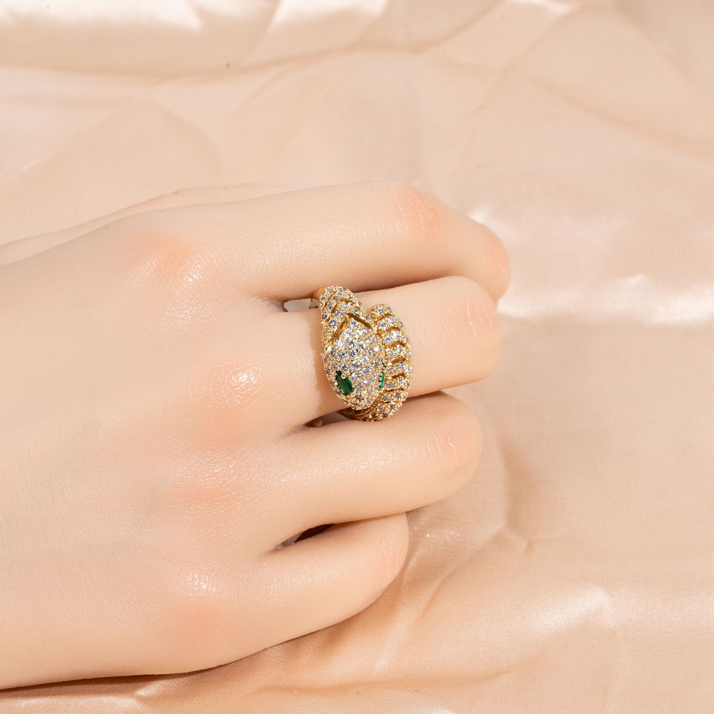 Snake-Shaped Adjustable Open Ring with Zircon Inlay