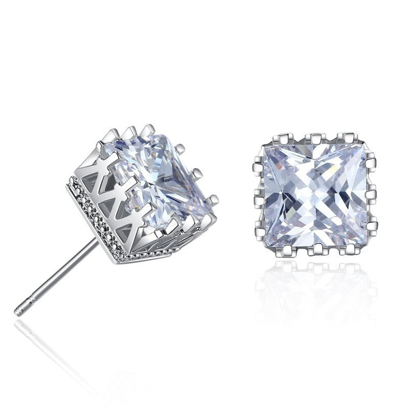 Crown-shaped openwork square zircon stud earrings