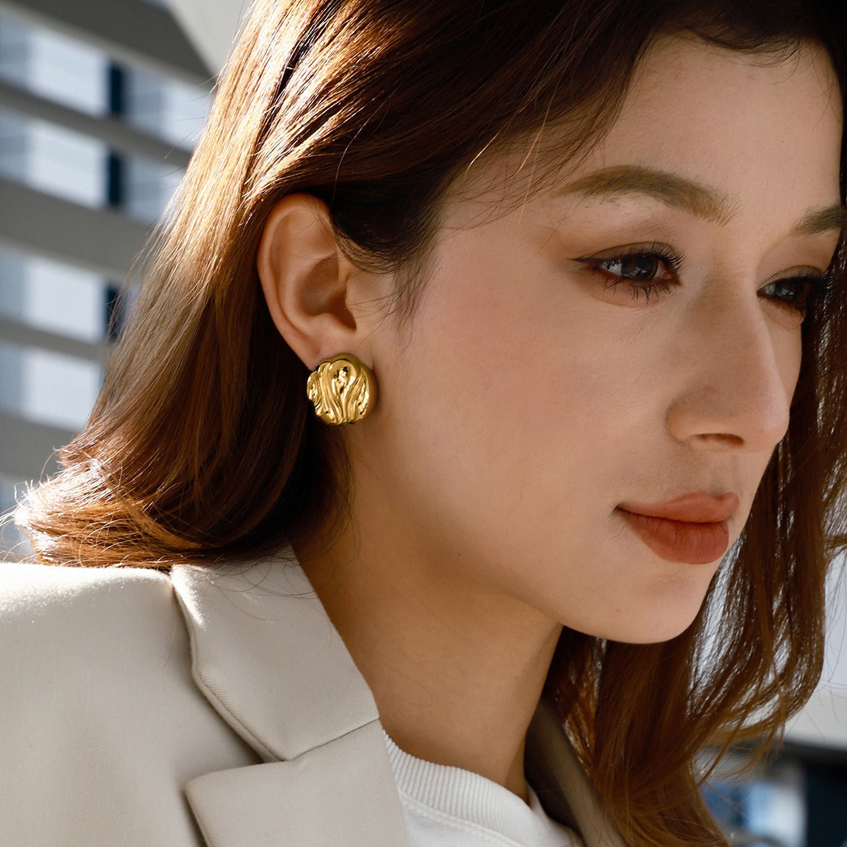 18k gold geometric shape with gold and silver color matching design fashionable and personalized earrings