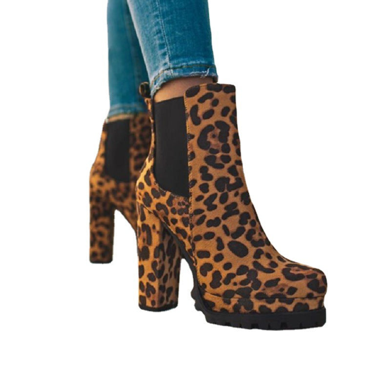 Women's Round-Toe Ankle Boots | Suede Leopard Print Square Thick High Heel