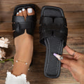 Women's Square Toe Flat Sandals | Hollow Cutout Slides PU Snakeskin