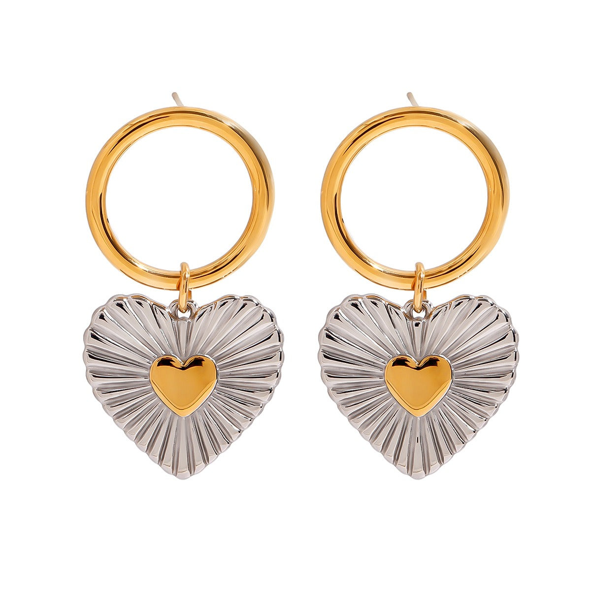 18k gold heart-shaped earrings with gold and silver color matching design, simple and personalized