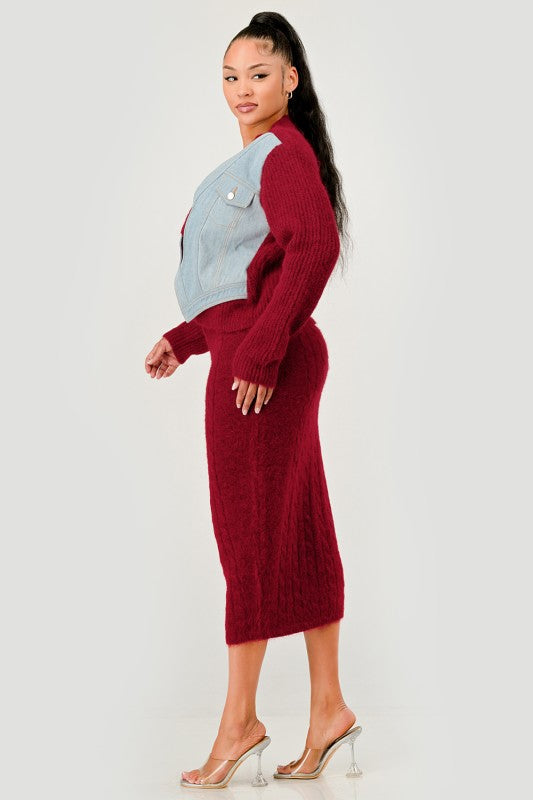 Denim Patchwork Knit Two-Piece Skirt Set