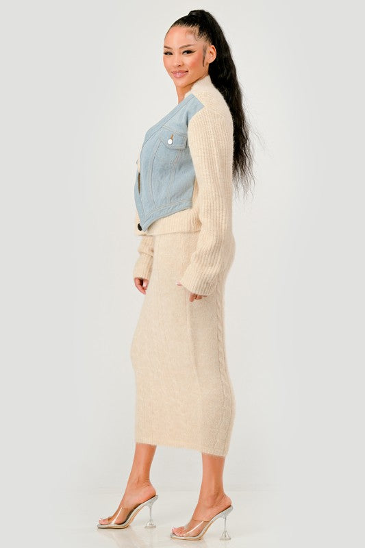 Denim Patchwork Knit Two-Piece Skirt Set