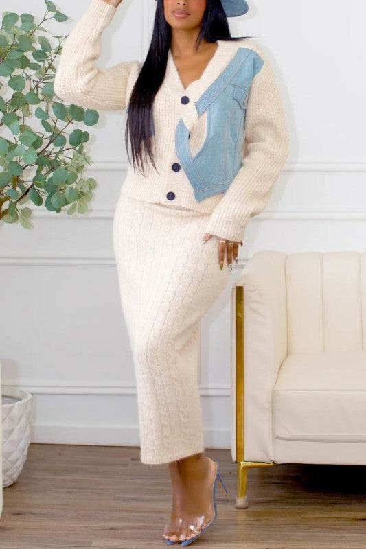 Denim Patchwork Knit Two-Piece Skirt Set