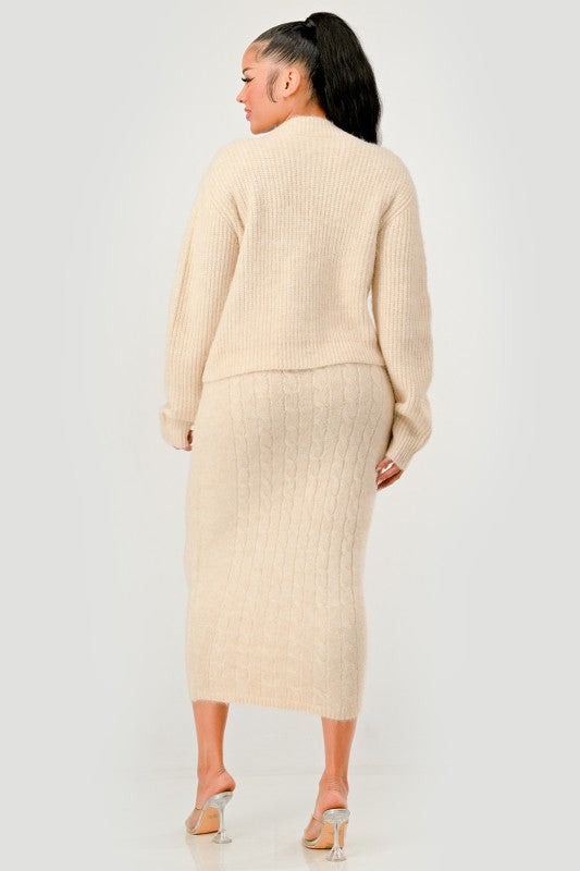 Denim Patchwork Knit Two-Piece Skirt Set