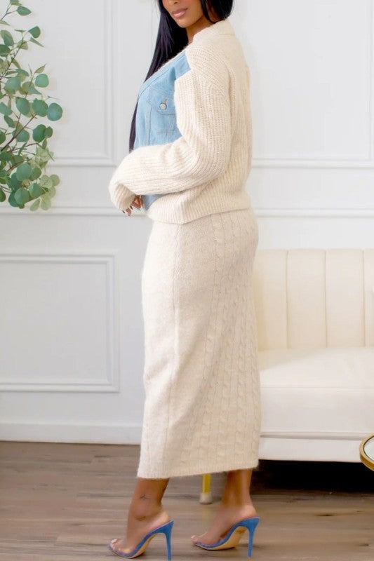 Denim Patchwork Knit Two-Piece Skirt Set