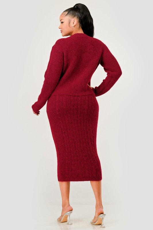 Denim Patchwork Knit Two-Piece Skirt Set
