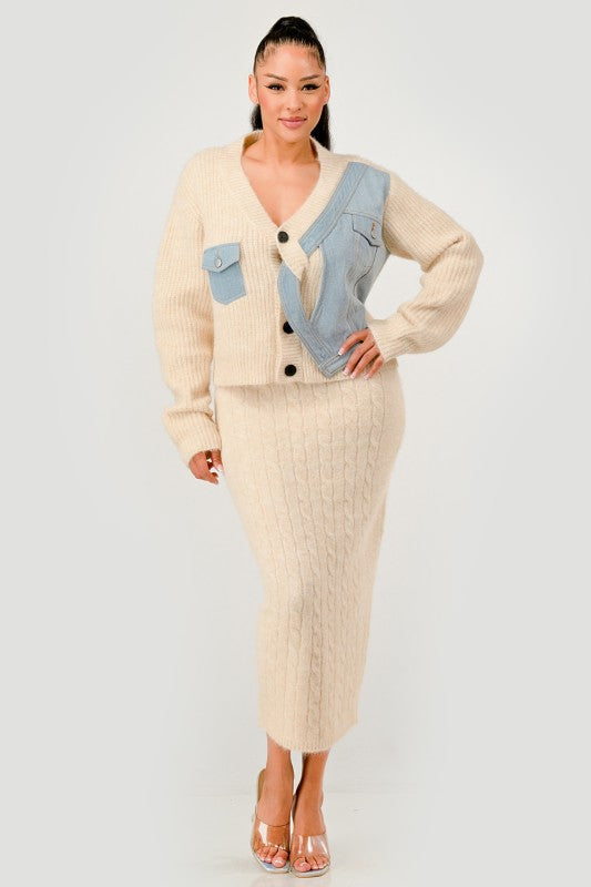 Denim Patchwork Knit Two-Piece Skirt Set