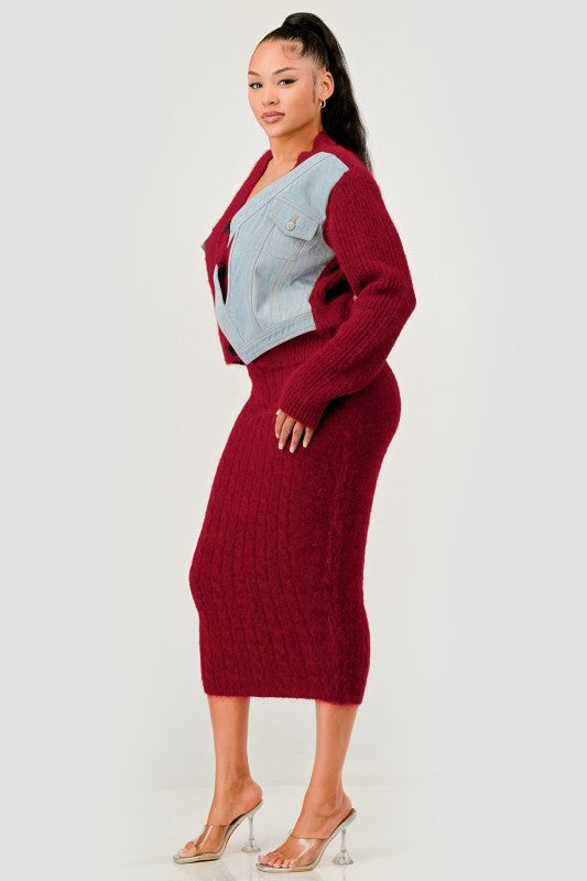 Denim Patchwork Knit Two-Piece Skirt Set