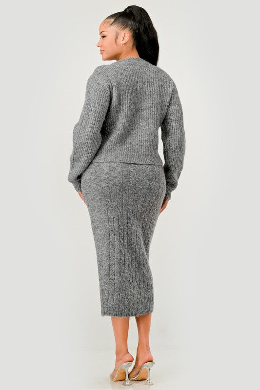 Denim Patchwork Knit Two-Piece Skirt Set