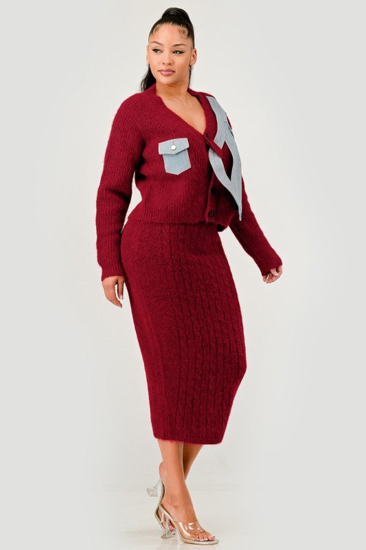 Denim Patchwork Knit Two-Piece Skirt Set