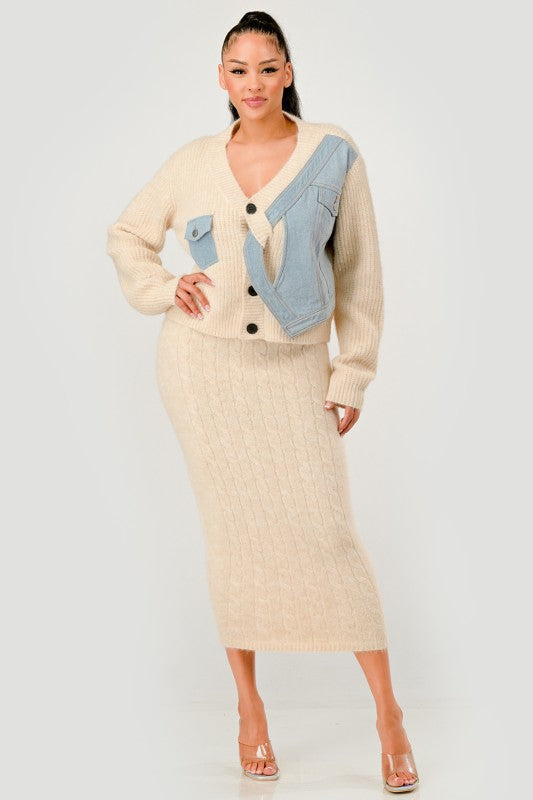 Denim Patchwork Knit Two-Piece Skirt Set