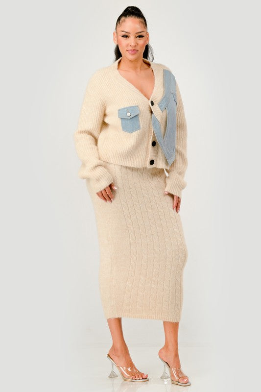 Denim Patchwork Knit Two-Piece Skirt Set