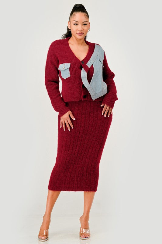 Denim Patchwork Knit Two-Piece Skirt Set