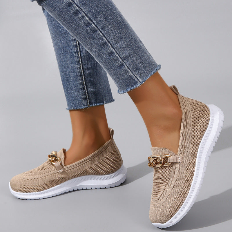 Women's Flyknit Chain-Detail Flat Sneakers | Breathable Mesh Walking Shoes