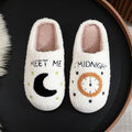 Women's Moon & Clock Print Plush Slippers | Warm Anti-Slip Floor Bedroom House Shoes
