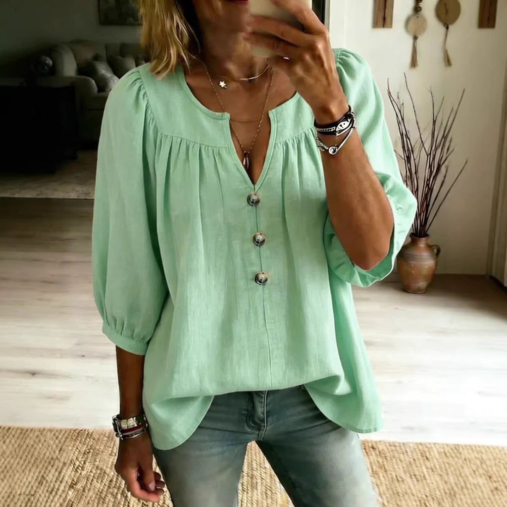 Women's Linen Three-Quarter Sleeve Buttoned T-Shirt – Loose Fit, Casual Chic