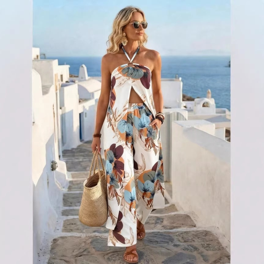 Printed Halterneck Slit Top & Wide-Leg Pants Resort Set | 13 Prints