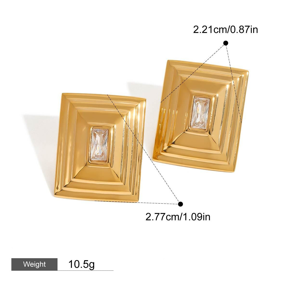 18k gold rectangular inlaid gemstone with concave pattern design exquisite and noble earrings