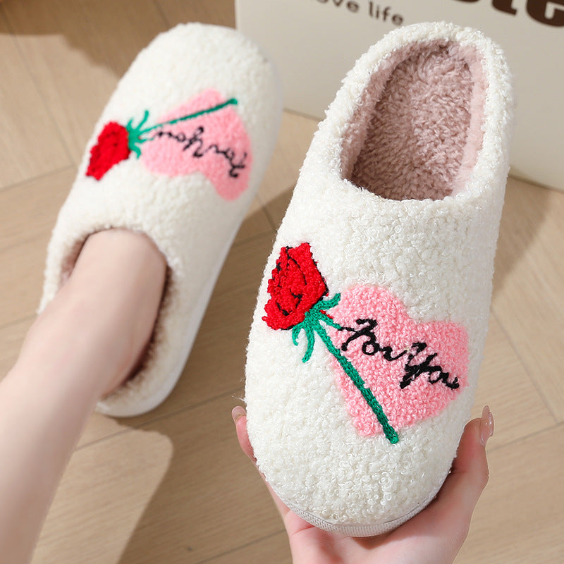 Women's Plush Embroidery Home Slippers | Suede Non-Slip Warm House Shoes