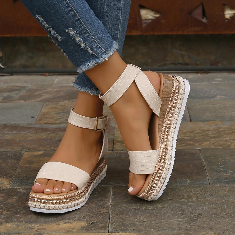 Women's Buckle Strap Hemp Wedge Platform Sandals | Open-Toe Summer Peep-Toe Shoes