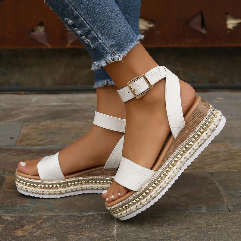 Women's Buckle Strap Hemp Wedge Platform Sandals | Open-Toe Summer Peep-Toe Shoes