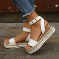 Women's Buckle Strap Hemp Wedge Platform Sandals | Open-Toe Summer Peep-Toe Shoes