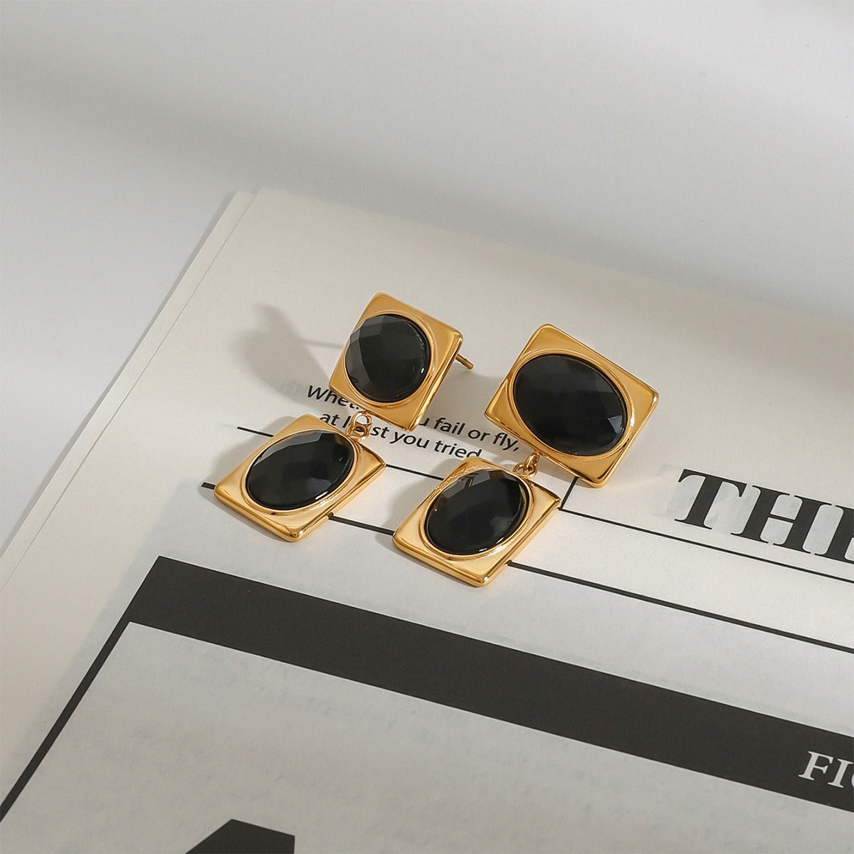 18k gold rectangular inlaid oval gemstone design trendy and unique earrings