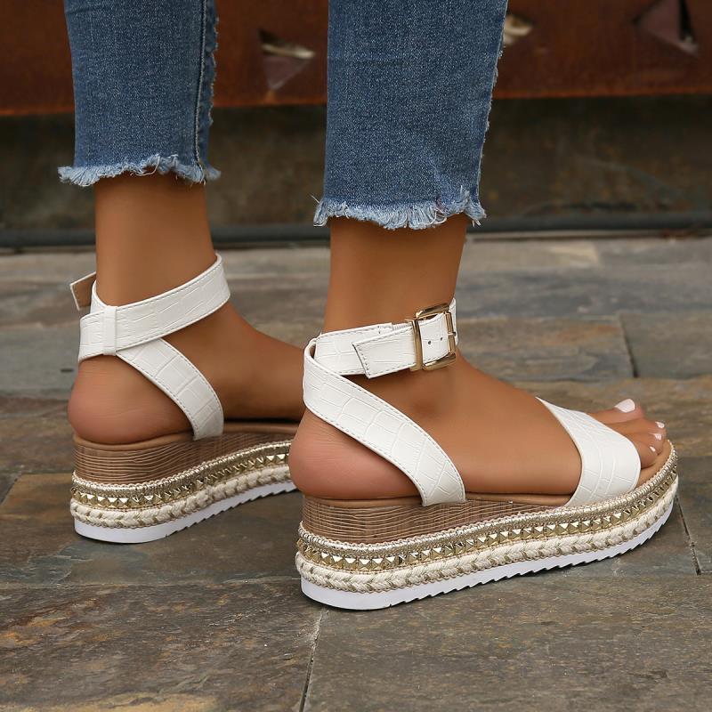 Women's Buckle Strap Hemp Wedge Platform Sandals | Open-Toe Summer Peep-Toe Shoes