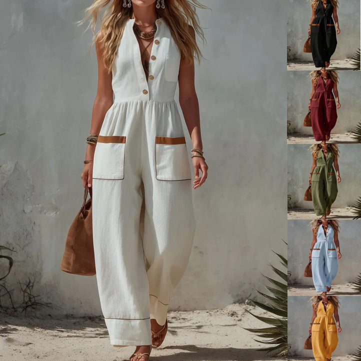 Women's Sleeveless Wide-Leg Jumpsuit – Loose Fit, V-Neck, Cotton Linen