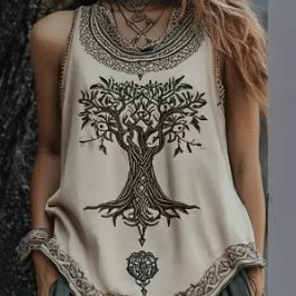 Women's Digital Print Pleated Crew-Neck Tank Top – Plus Size