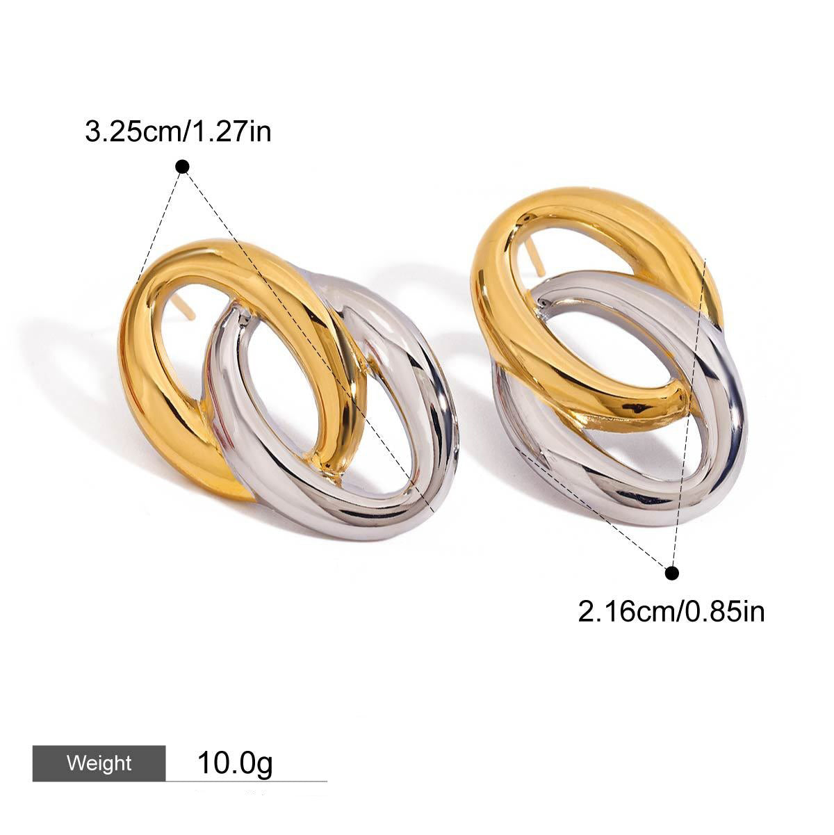 18K gold hollow oval earrings with gold and silver color matching design, simple and elegant