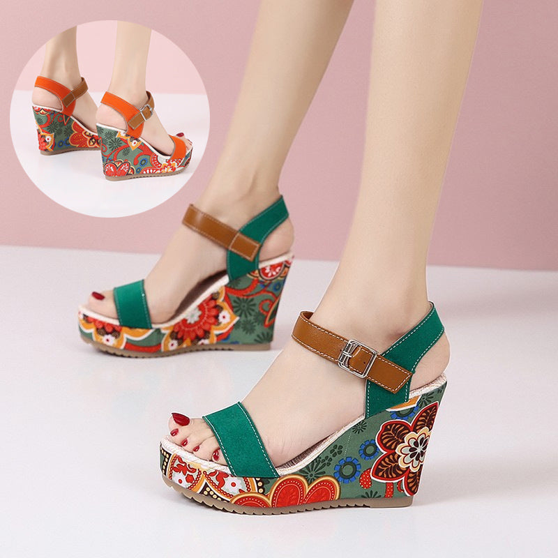 Women's Floral Embroidered Wedge Sandals | Buckle Platform Open-Toe Summer Heels