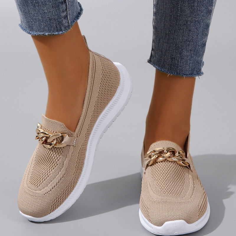 Women's Flyknit Chain-Detail Flat Sneakers | Breathable Mesh Walking Shoes