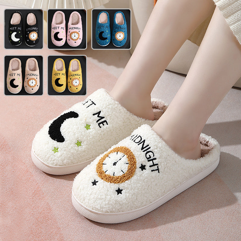 Women's Moon & Clock Print Plush Slippers | Warm Anti-Slip Floor Bedroom House Shoes