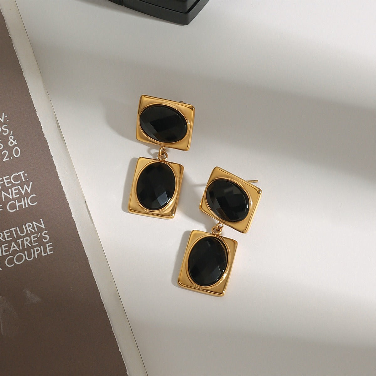 18k gold rectangular inlaid oval gemstone design trendy and unique earrings