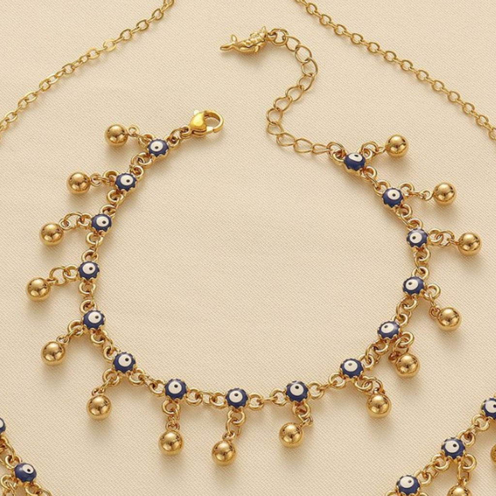 Bohemian Blue Evil Eye Tassel Necklace, Bracelet and Earring Set