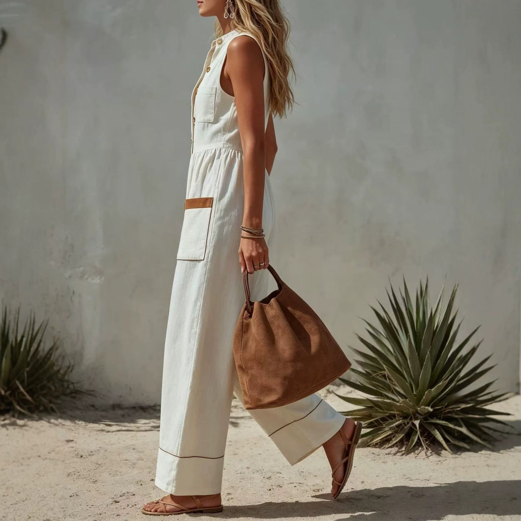 Women's Sleeveless Wide-Leg Jumpsuit – Loose Fit, V-Neck, Cotton Linen