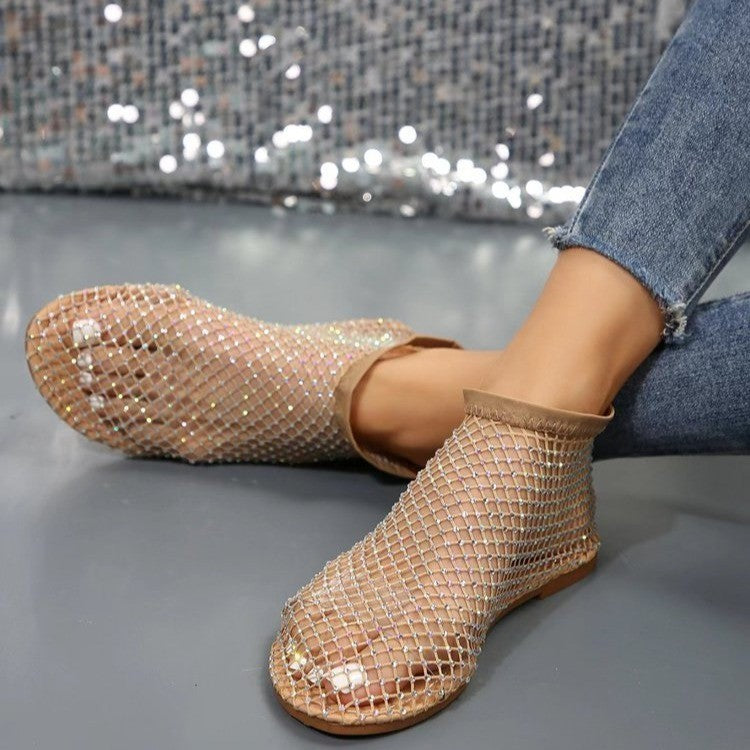Women's Rhinestone Flat Sandals | Round Toe Mesh Summer Shoes